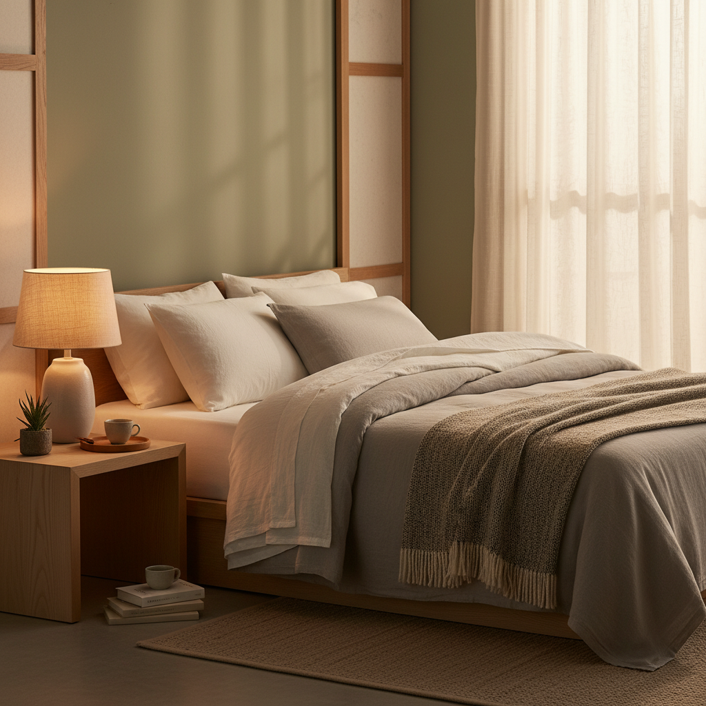 침실 패브릭과 조명, 작은 협탁을 따뜻하게 정돈한 생성 이미지