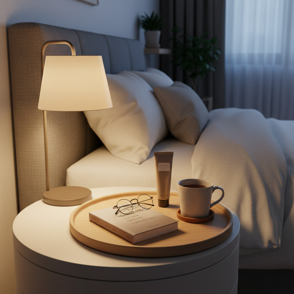 침대 옆 협탁에 책과 안경, 핸드크림을 한 트레이에 모은 생성 이미지