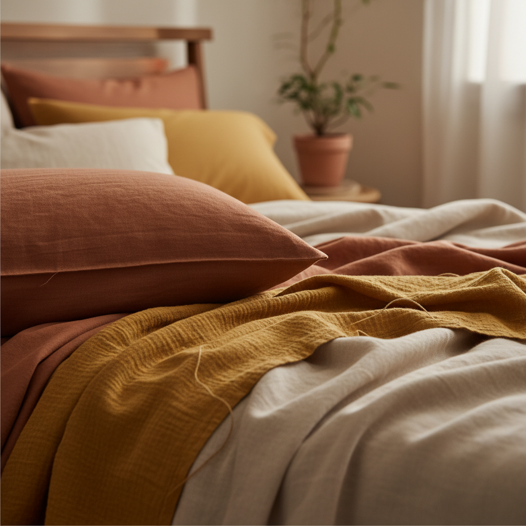 침실 패브릭을 계절 톤에 맞게 줄여 둔 생성 이미지