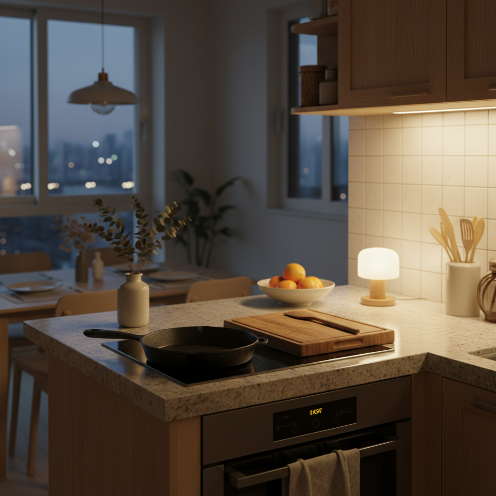 저녁 설거지 후 다음 날 자주 쓸 조리도구를 조리대 가까이에 다시 둔 생성 이미지