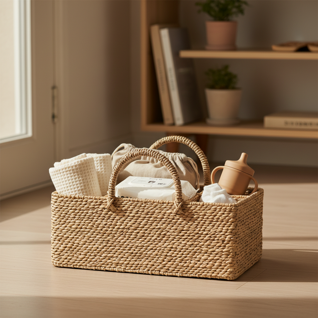 손잡이가 있는 바구니에 준비물을 나눠 담은 생성 사진