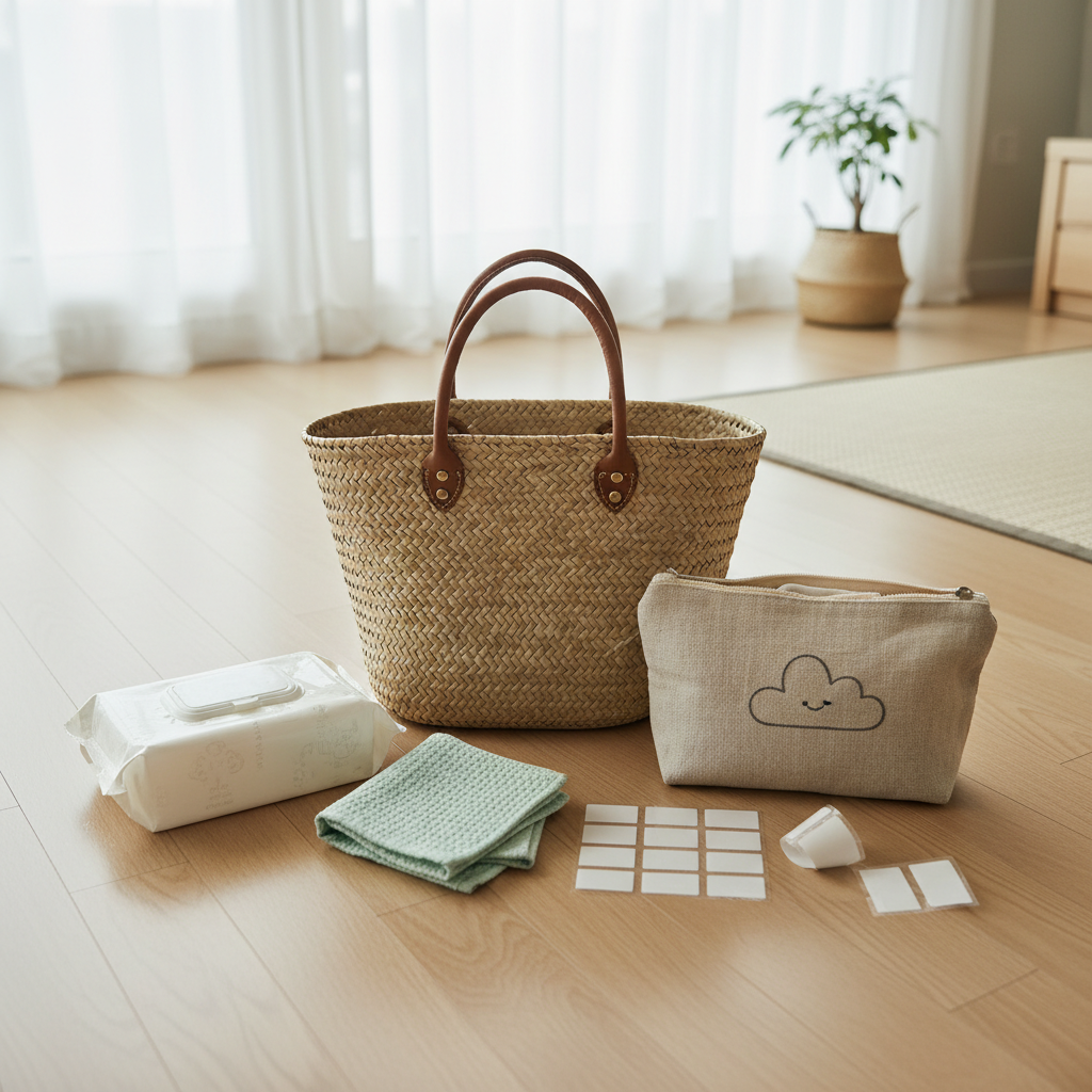 등원 준비 바구니와 물티슈, 수건, 네임 라벨을 정리한 생성 사진