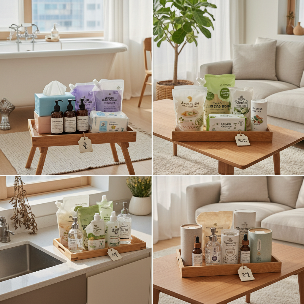 욕실과 주방, 거실로 나갈 리필용품을 구역별로 나눈 생성 이미지