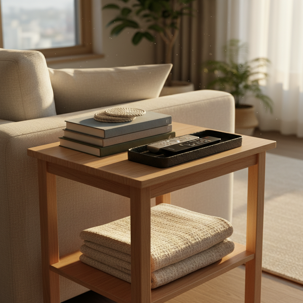 리모컨과 책, 작은 트레이를 소파 옆에 정리한 생성 이미지