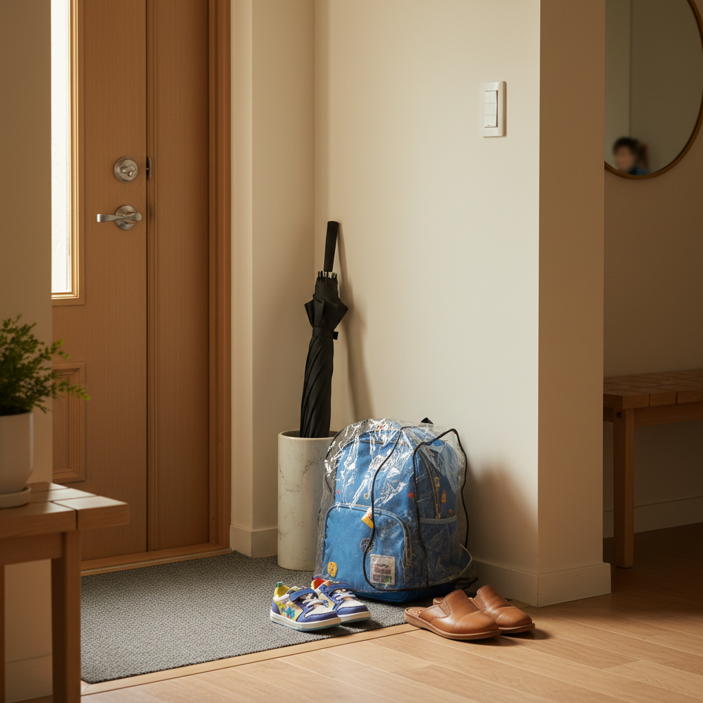 출발 직전 문 앞에서 우산과 가방, 비가림 준비물을 순서대로 놓아둔 생성 이미지