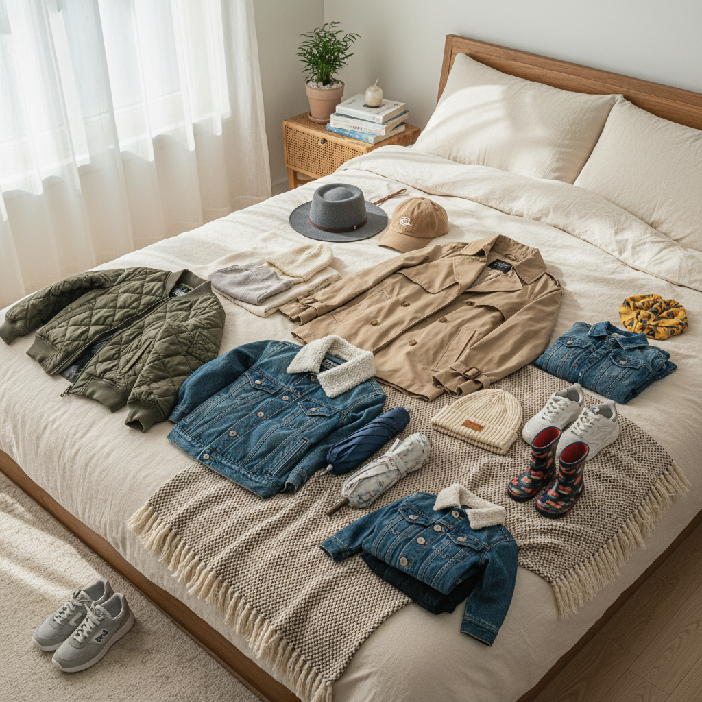 환절기 옷과 얇은 겉옷, 우산, 모자를 한자리에 정리한 생성 이미지