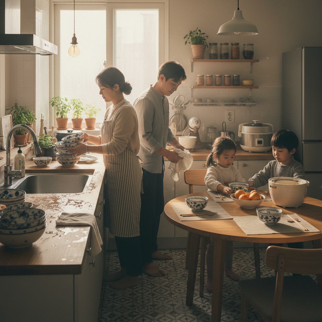 아침 식사 후 식탁을 정리하고 젖은 행주와 식기를 바로 옮기는 생성 이미지