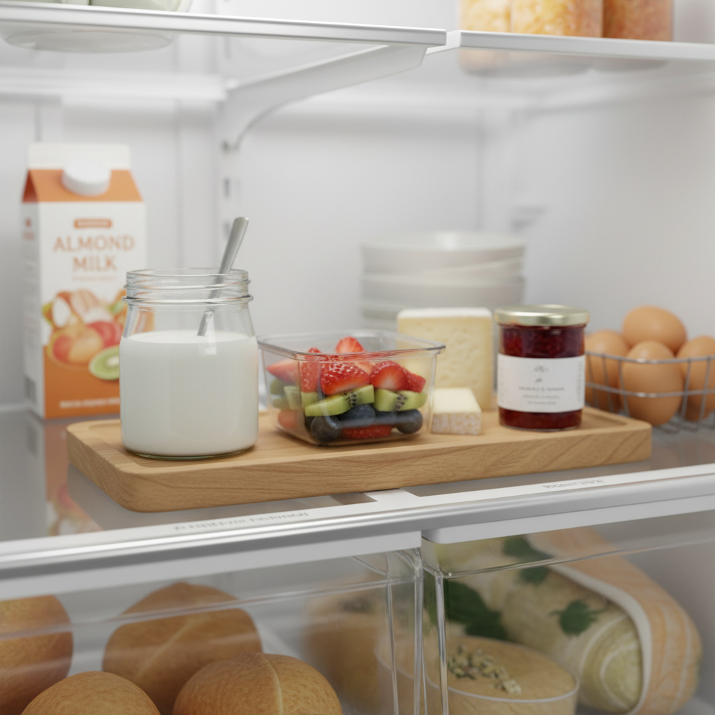 냉장고 선반 한 칸에 아침용 재료를 작은 트레이로 모아둔 생성 이미지