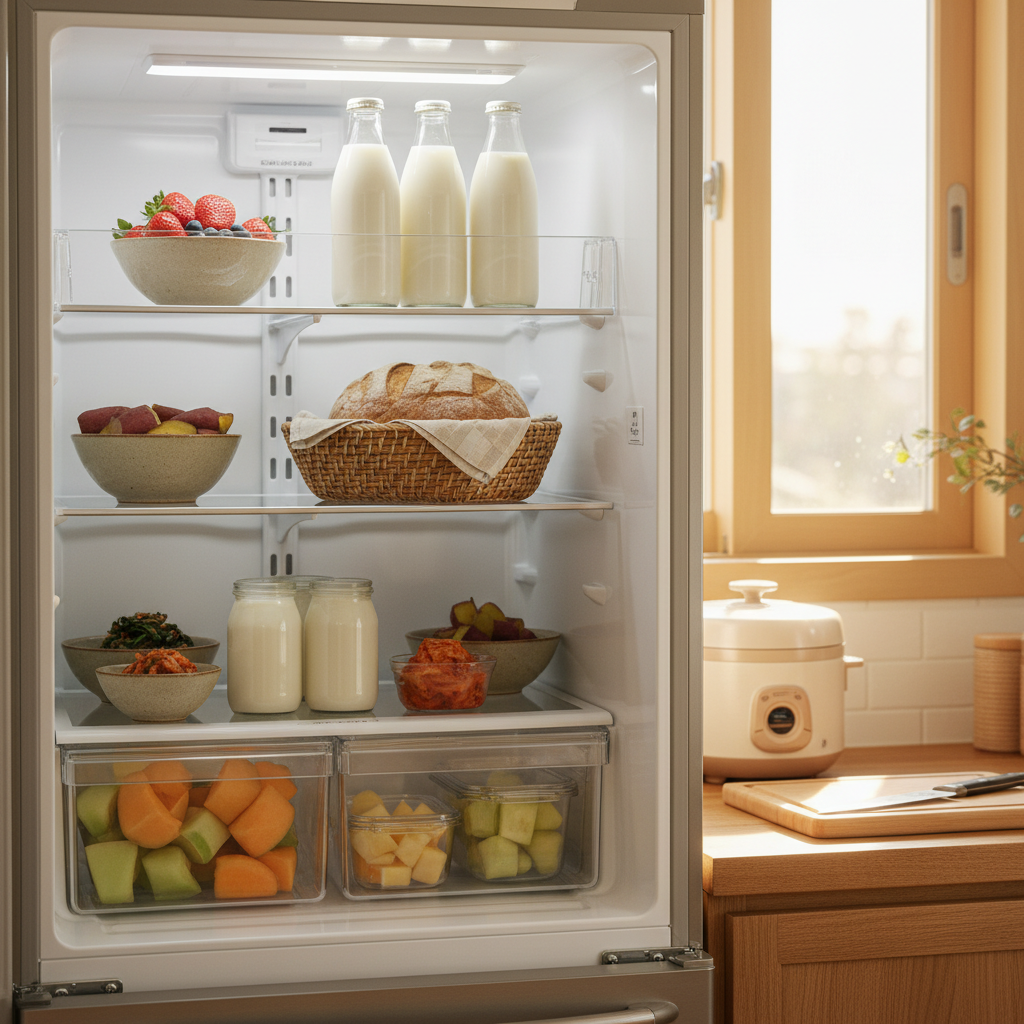 냉장고 앞 준비 구역에 우유와 과일, 식빵, 작은 반찬을 정리한 생성 이미지