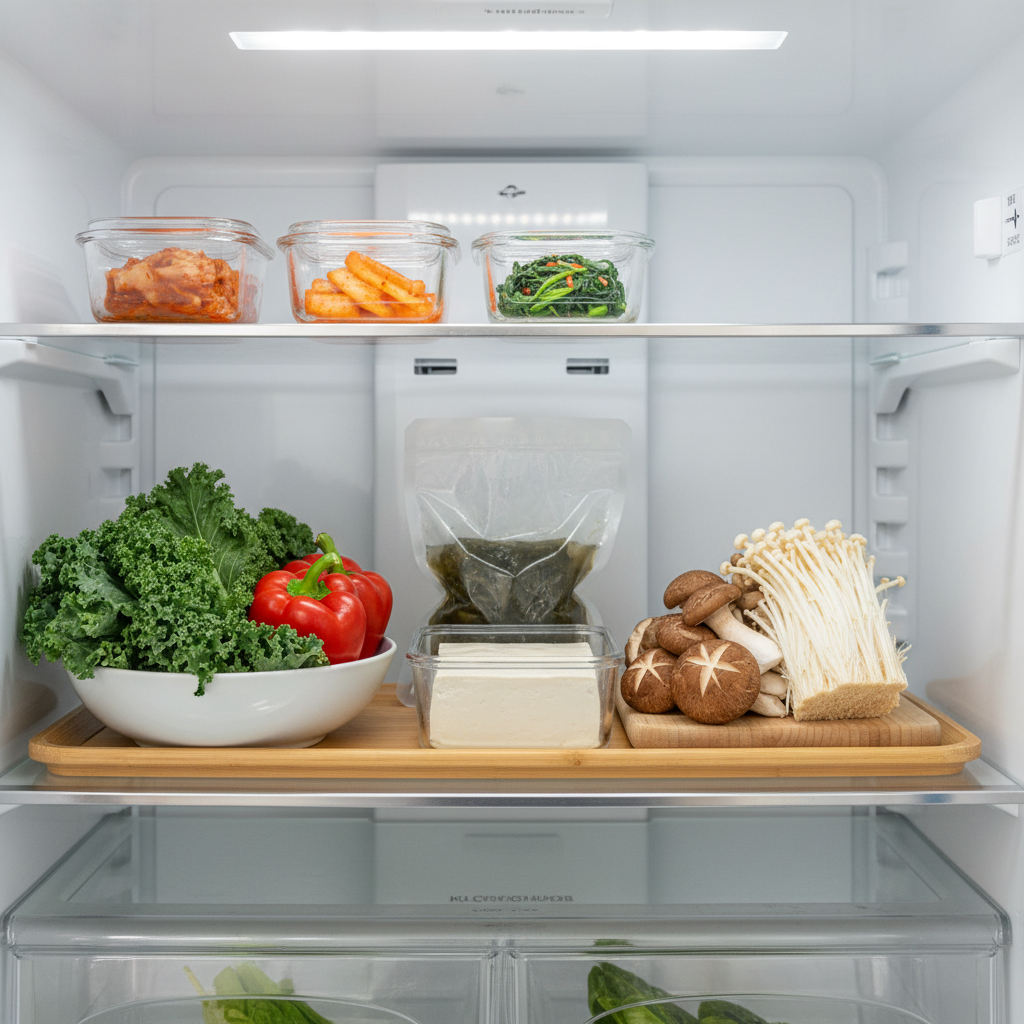 이번 주 먼저 쓸 식재료만 작은 트레이에 모아둔 생성 이미지